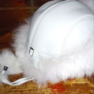 White Mink & Pearl Grey Leather Women's Hat Adjustable Like New